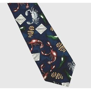 Tabasco Tie Navy Seafood Pattern 100% Silk USA‎ Novelty Crawfish Crawdad Boil